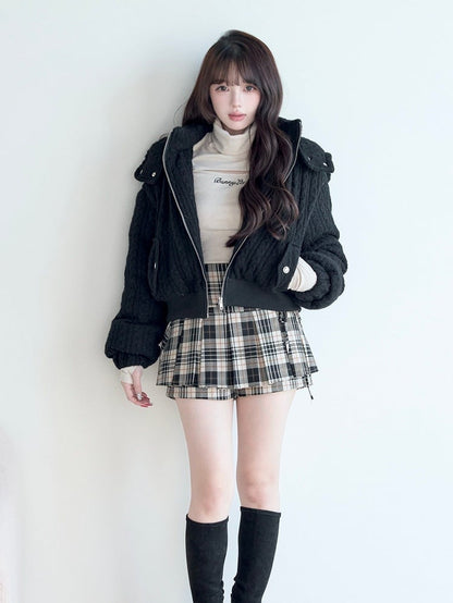 Hooded Fresh Black Jacket Knit Jirai Cable-Knit Kei Pattern
