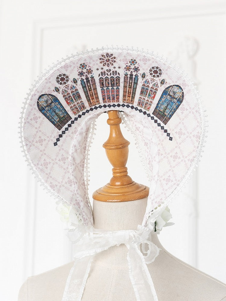 Window Black/White Bonnet Church Print Lolita Stained