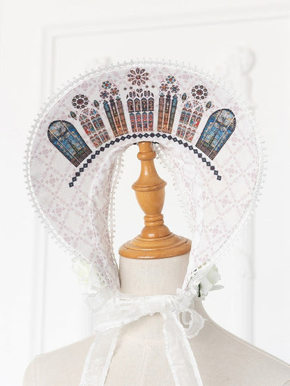 Window Black/White Bonnet Church Print Lolita Stained