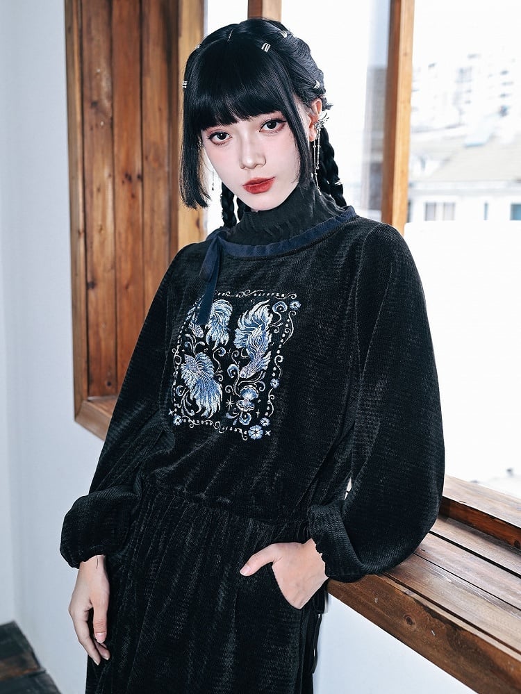 Embroidery Mock Cheongsam - Neck Black Goth Sweatshirt with Goldfish