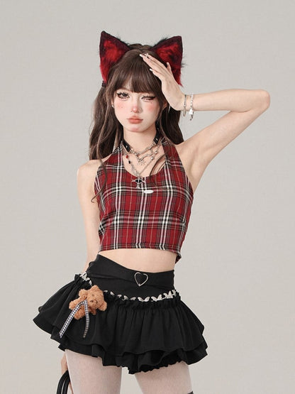 Red Plaid Halter Neck Crop Tank Top - Adorable  Slimming