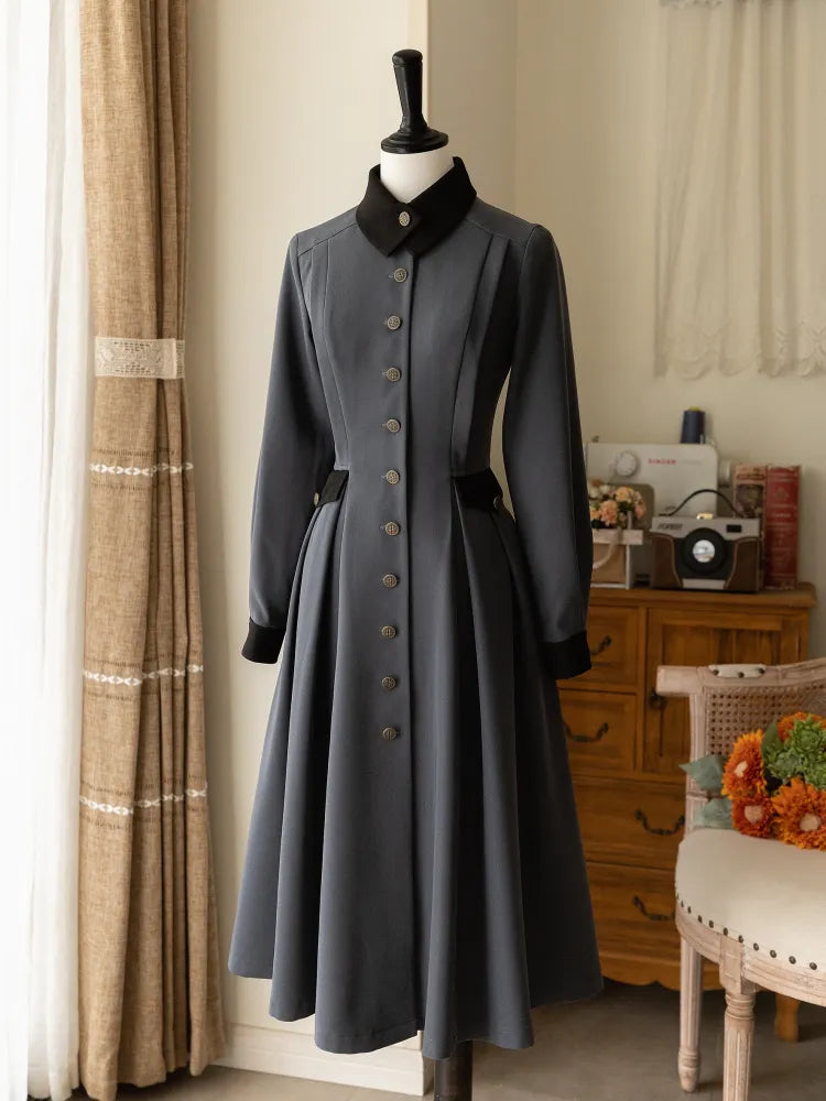 エレガントなワンピース グレー ダーク ウィンター オータム ケープとデザイン クラシック ロリータ
