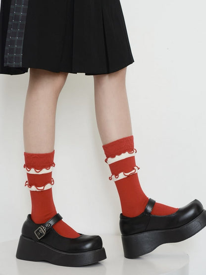 Socks Red Calf Ruffles White with