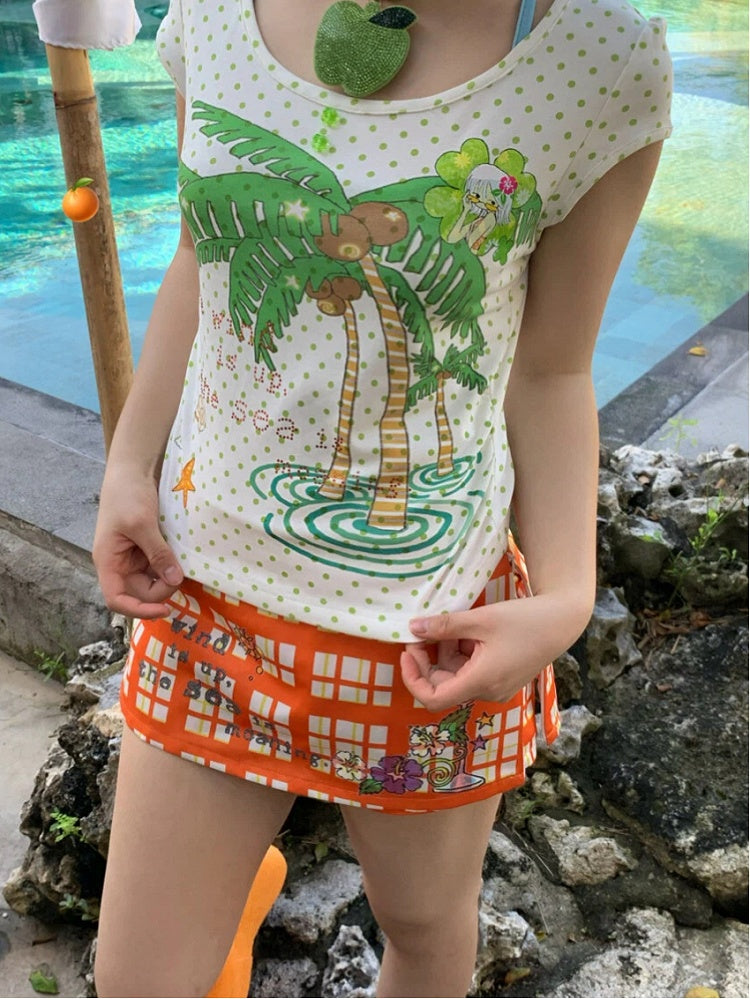 Tree and Dots Print T-shirt Green Palm Rhinestone Details Polka with White