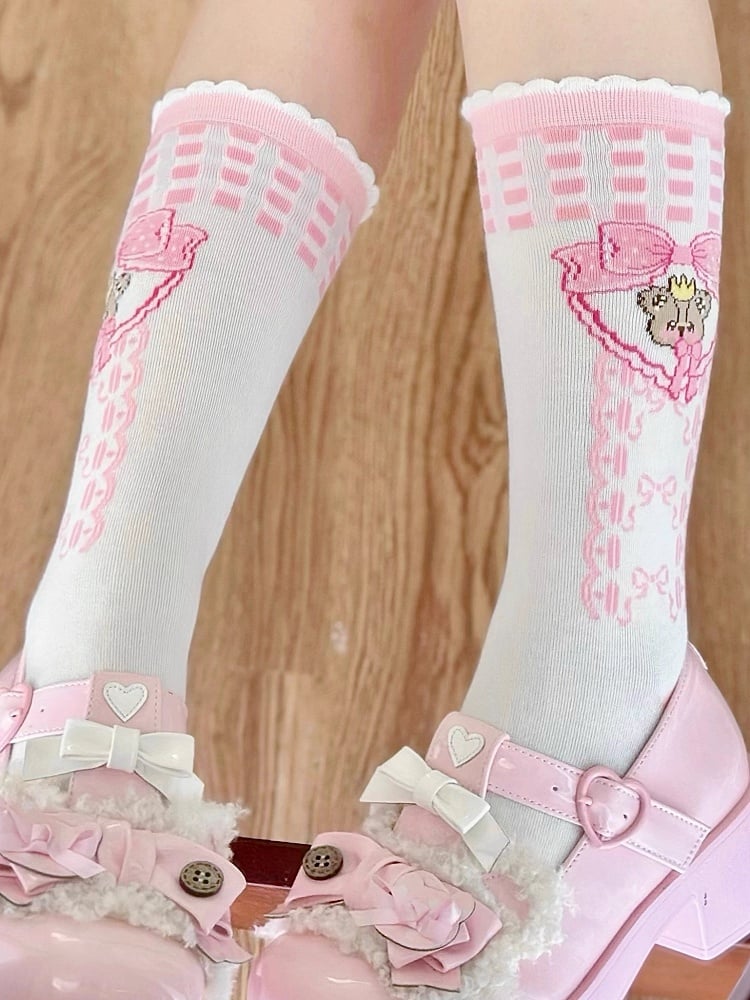 Bär Lolita Socken Rosa Druck Muster Kalb Weiß Bowknot