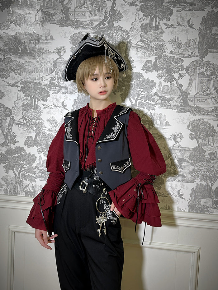 Lolita-Ärmel Vibes Shirt Ouji Details Schnürung mit rotem langen Piraten