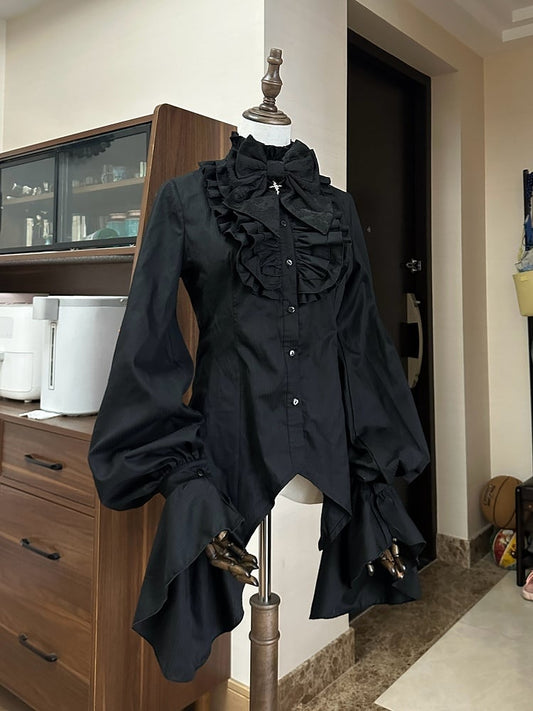 Gothic Black High Long Sleeves Ouji Poet Neck Lolita Ruffled Shirt