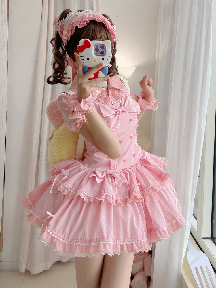 Schleife Rosa Akzente Punkte Lolita Old School Kleid Schimmer Polka Süß