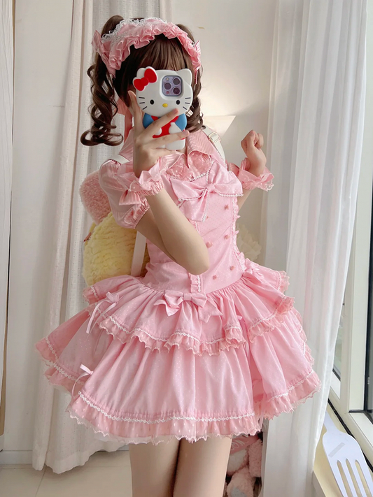 Schleife Rosa Akzente Punkte Lolita Old School Kleid Schimmer Polka Süß