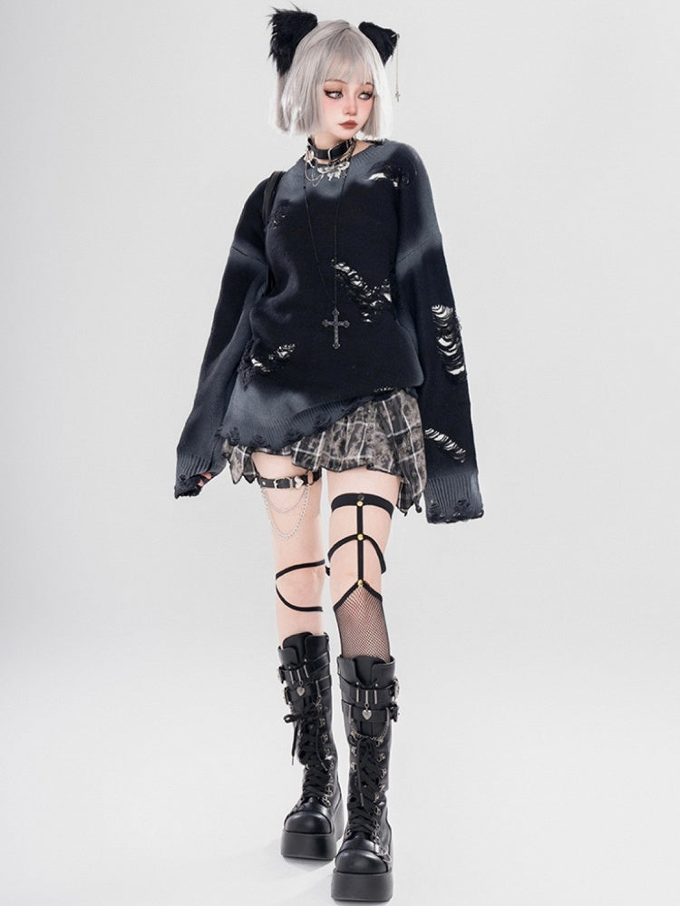 Y2K ブラック/グレー バタフライシェイプ ダメージ加工 ホールズ ラウンドネック セーター