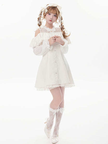 Beiges Jirai Kei-Kleid mit Illusionsausschnitt, ausgeschnittenen Schultern und Fliege