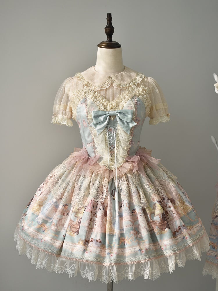 ティースイートジャンパーパーティーロリータグリーンスカートミントキティプリントコルセットドレスボディス