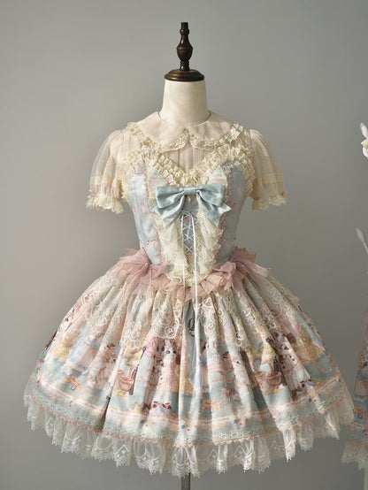 ティースイートジャンパーパーティーロリータグリーンスカートミントキティプリントコルセットドレスボディス