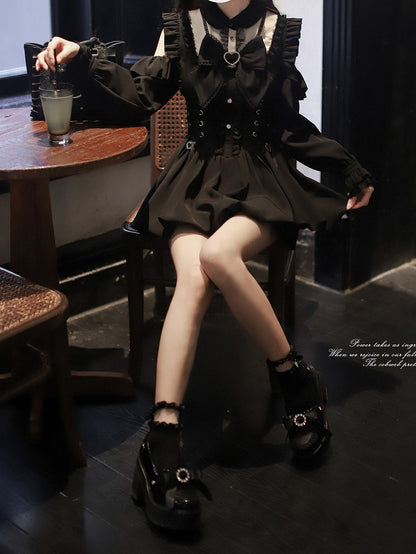 Bubble Jirai with Shoulder Dress - Long Waist Sleeve Lace-Up Cutout Kei Black