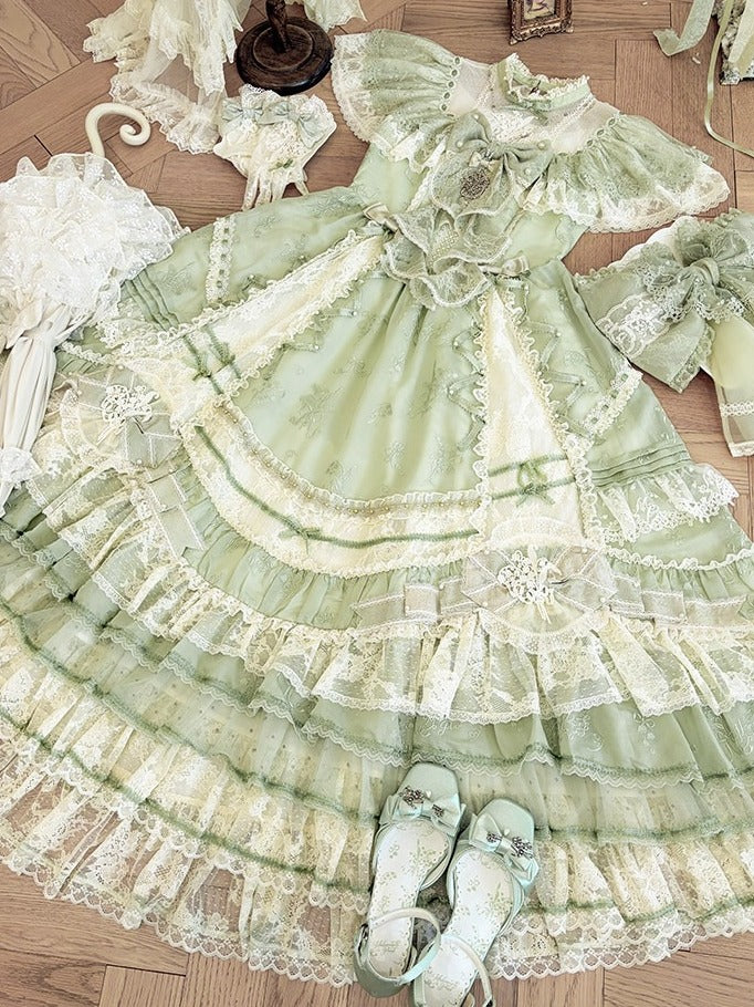 Emerald Lace-Trimmed OP Dress with Embroidered Flowers and Train - Mademoiselle Pearl