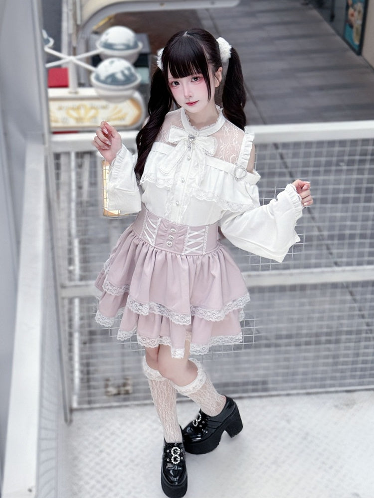 Sleeves with Shoulder Cutouts Jirai Top White Flared Outfit: Style Kei
