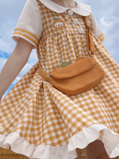 Orange Bear Peter Pan Collar Plaid Short Sleeves Dress