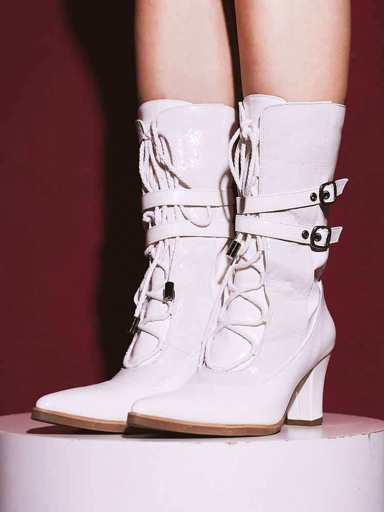 Boots Heels White Snake Pattern Goth