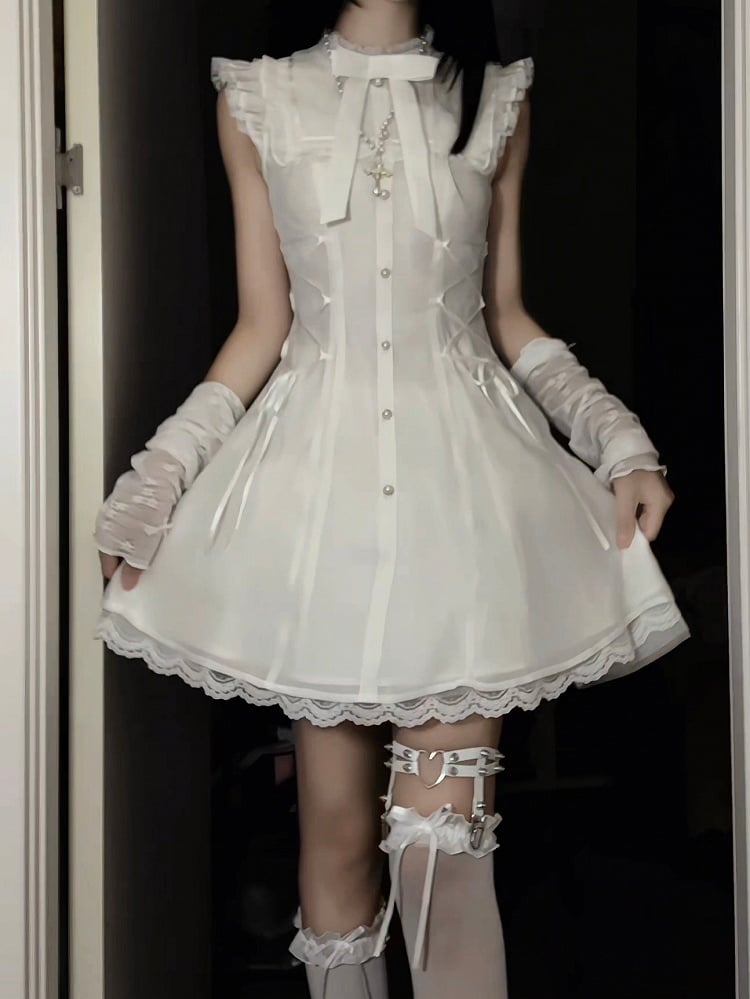 Flutter White Dress:Pure SleevesWaist Balletcore Lace-Up Version Short Stylewith