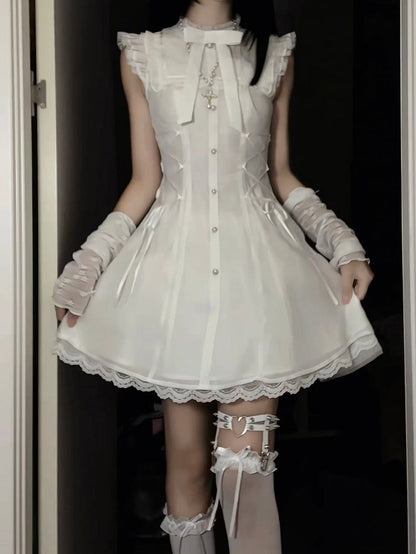 Flutter White Dress:Pure SleevesWaist Balletcore Lace-Up Version Short Stylewith