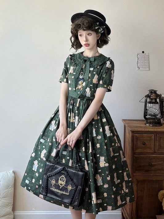 Lolita Green Version Sweet Short Dress Dark Bear Sleeves Print