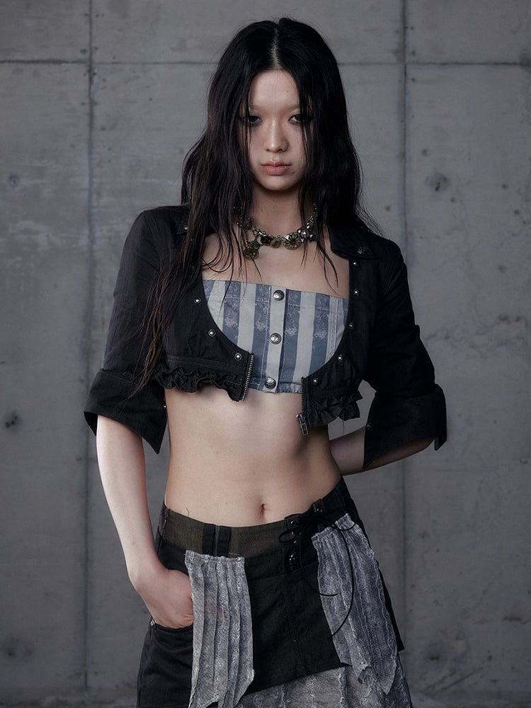 Gray Shirt: Length Underbust Vintage with Cropped Punk Black