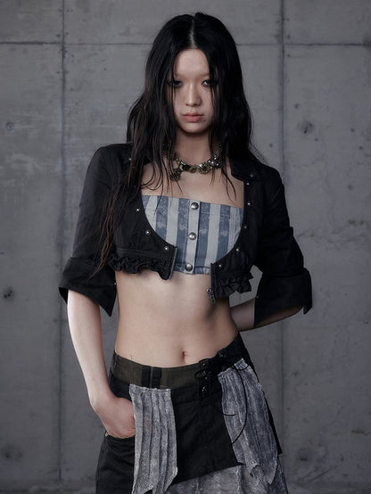 Gray Shirt: Length Underbust Vintage with Cropped Punk Black