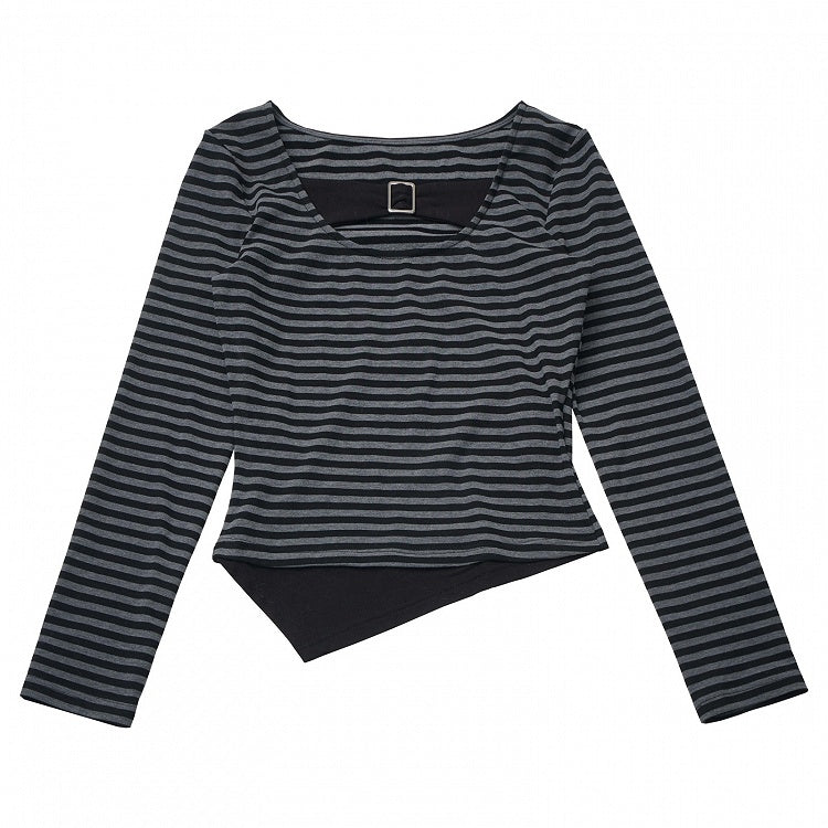 Design Pattern Button Long Slim-fitting with Striped - Black Sleeve Y2K Grey Top Metal