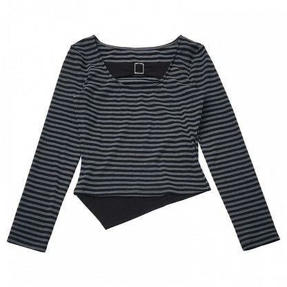 Design Pattern Button Long Slim-fitting with Striped - Black Sleeve Y2K Grey Top Metal