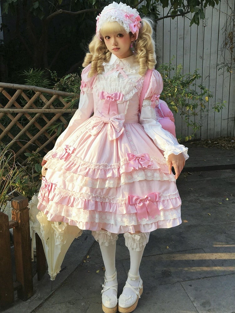 Rosa kurzes Schleifenkleid Old Lolita Accents Puff School mit Ärmeln