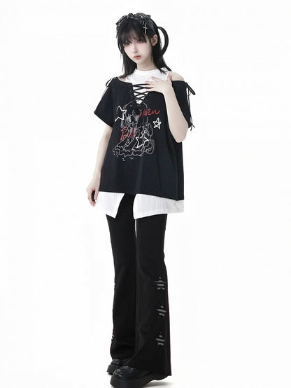 Schwarze Schlaghose mit Stern-Applikationen