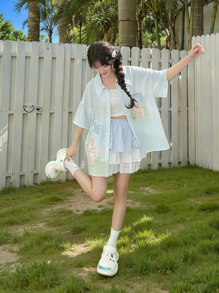 チェック柄アップリケ ラムプリント ライトグリーン シフォン レーストリム シャツ