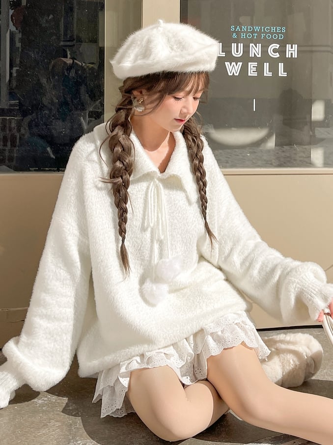 Pompons Decorated Pullover White Sweater