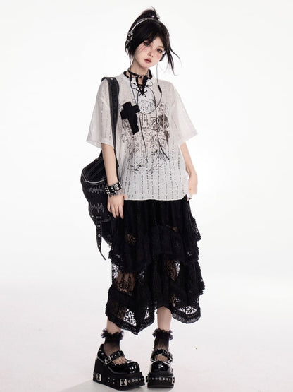 Y2K Holes Black/White Lace-up Mock Neck Distressed