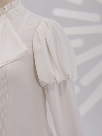 White Long Juliette Sleeve Shirt with Ruffled Neckline and Jabot - DevilInspired Exclusive Collection