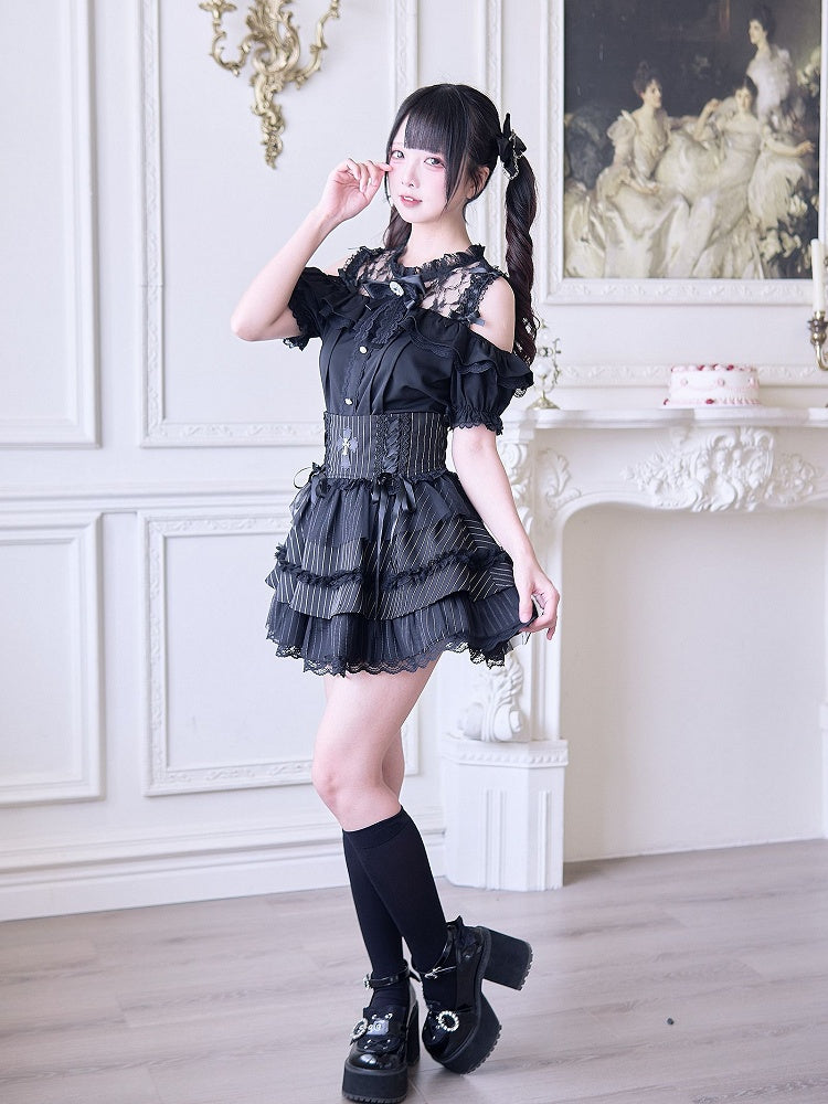 with Jirai Neckline Blouse Inspired Black Cutouts Kei Illusion Shoulder