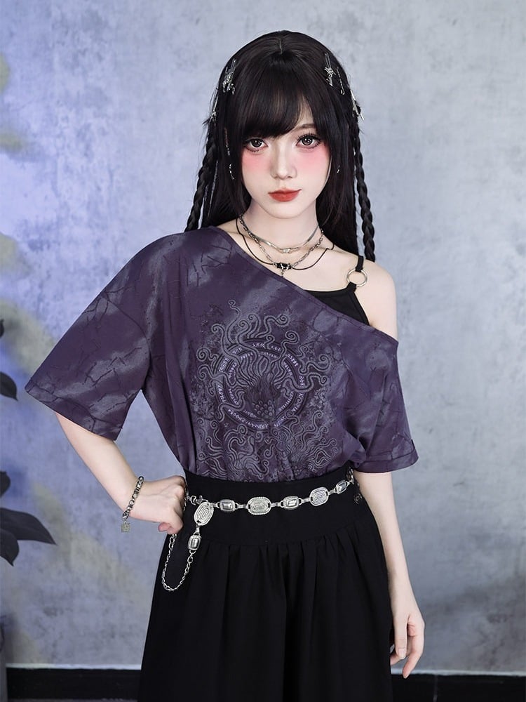 Gothic Purple Faux Two-Piece Off-Shoulder Tee with Sea Lily Print - Quirky Hut