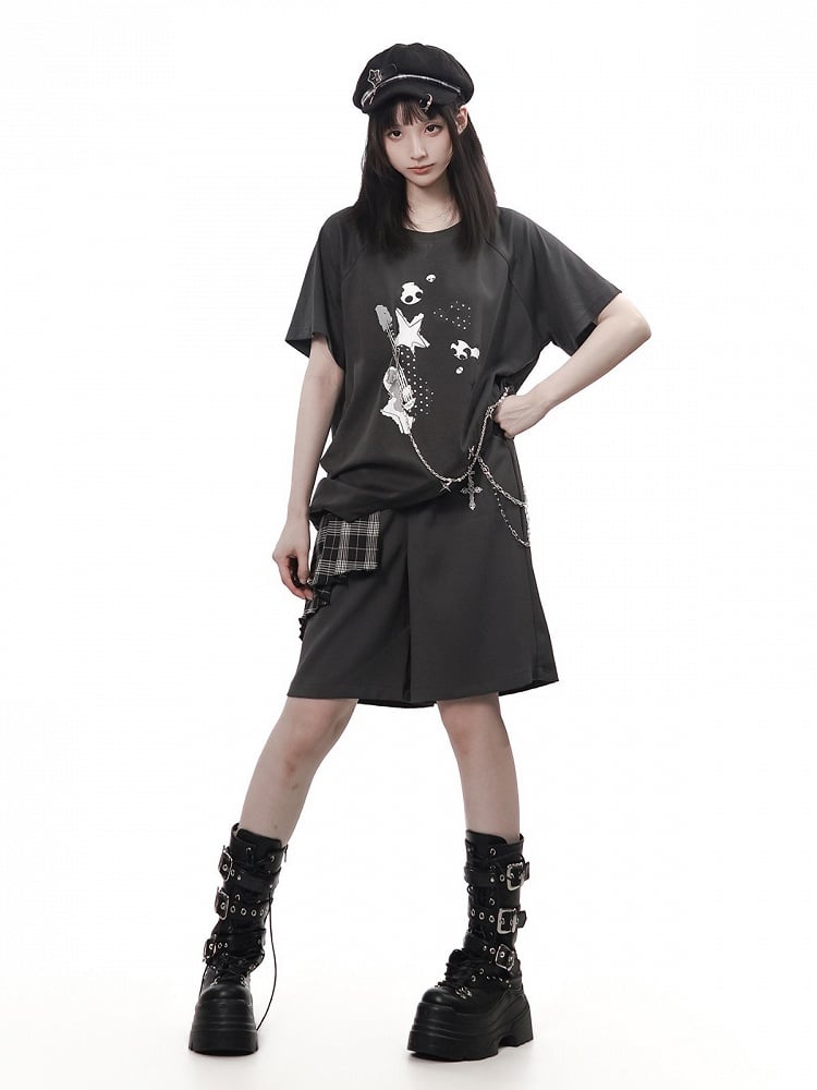Gray Short Sleeve Tee with Overlapping Hem, Print & Chain Accent - PINK SAVIOR