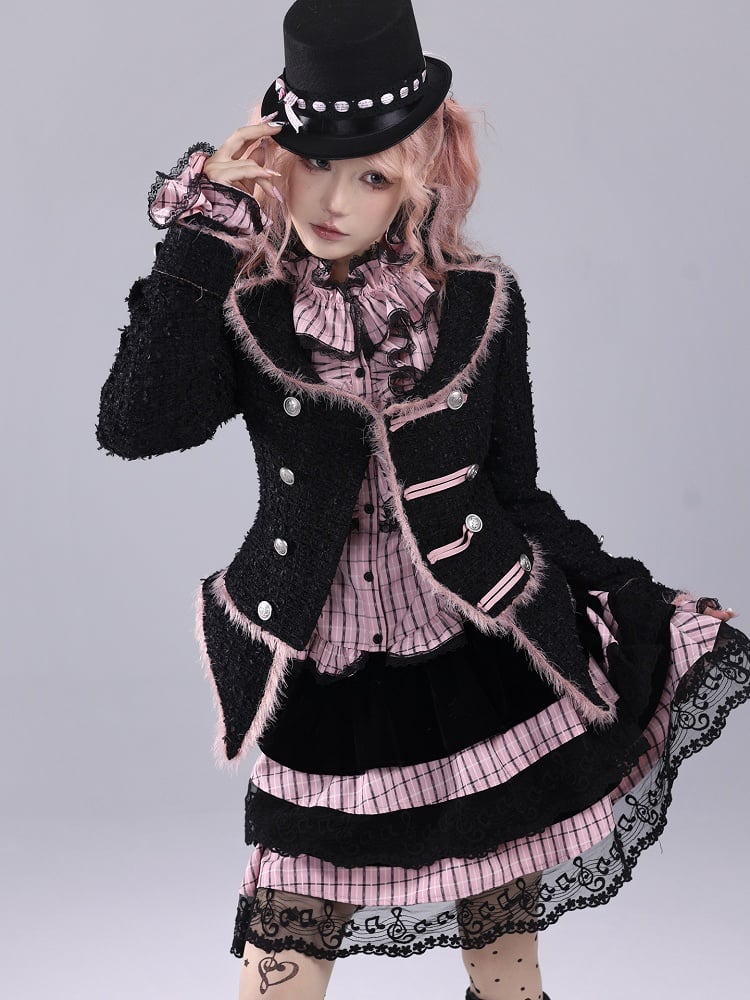 Pink Plaid Hime Gyaru Ruffled Collar Blouse with Embroidered Bow Tie