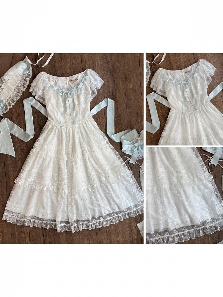 Classic White & Blue Lolita Long JSK Gown with Butterfly Bow and Layered Skirt - Miss Cube Dressworks