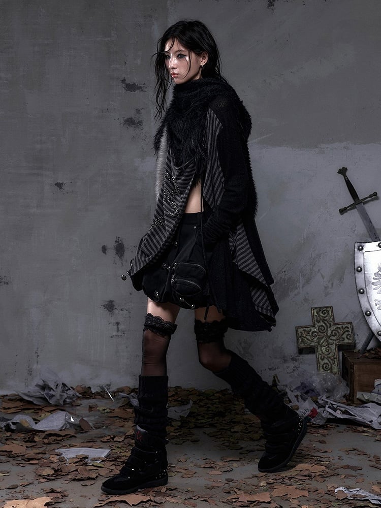 with Two Black Striped Piece Faux Vintage  Lining Cross Rhinestone Punk Top Back Applique