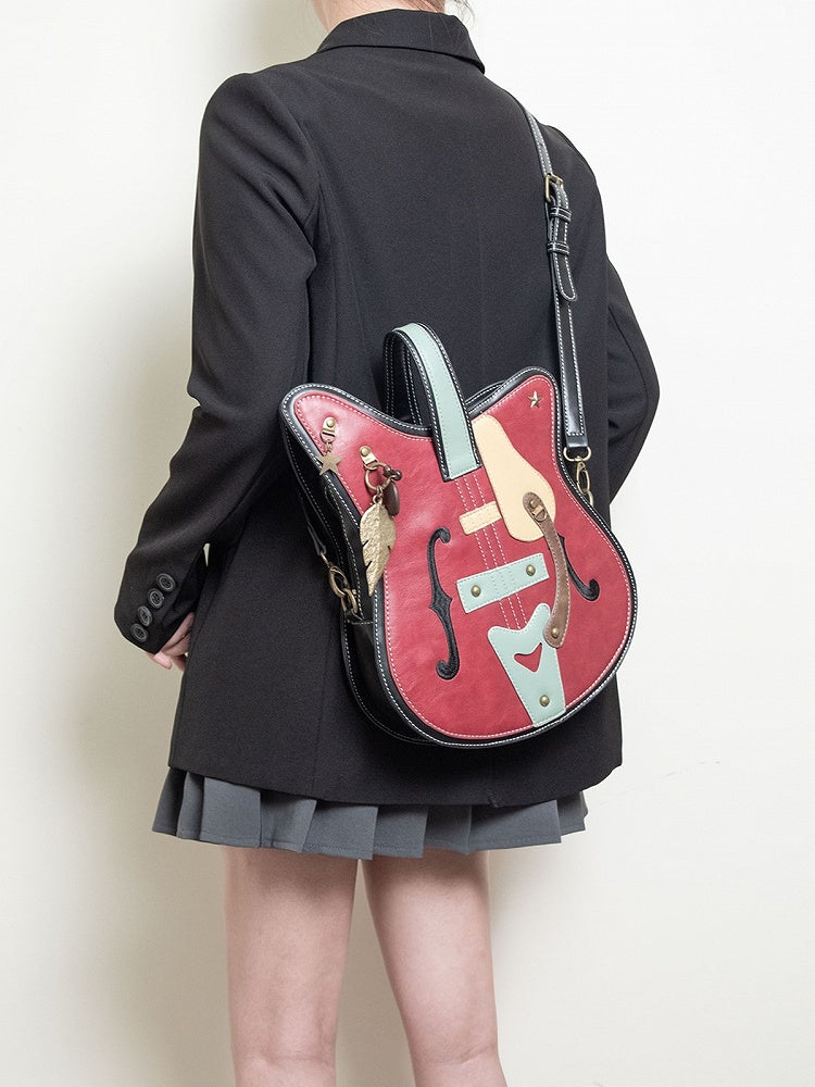Guitar-Shaped 2-Way Chain Red With Tote Metal Bag Feather Vintage Accents
