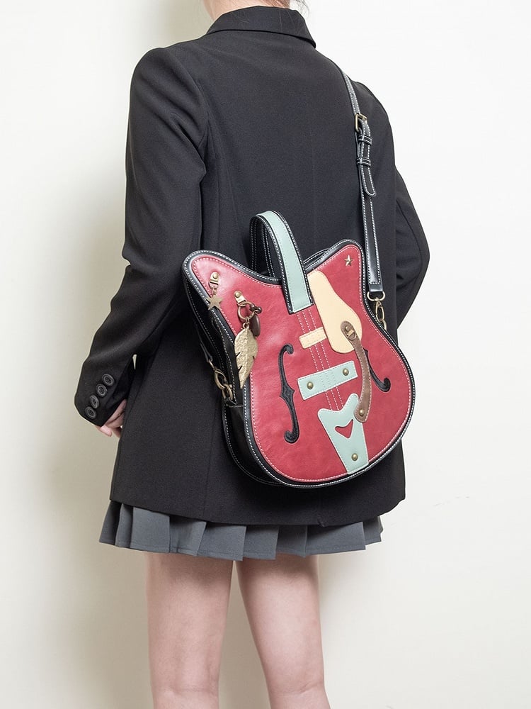 With Guitar-Shaped Chain Tote Bag 2-Way Red Feather Metal Vintage Accents