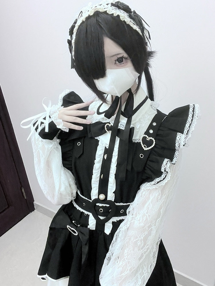 Heart Jirai BlackWhite Details Decorated Bowknot Kei Rhinestone