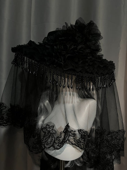 Gothic Beaded Tassel Hat with Lace Trim - Custom Made Earrings