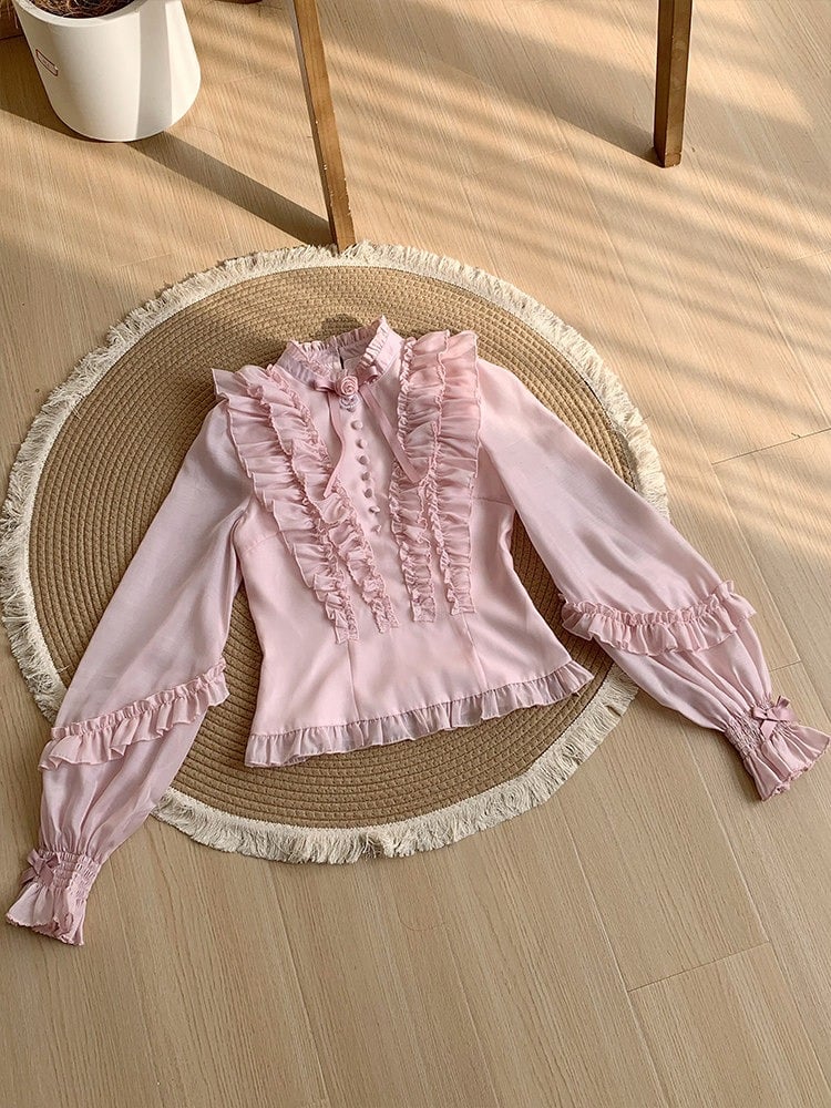 Pink Balloon Sleeve Blouse with Ruffle Accents and Rose Brooch - With PUJI