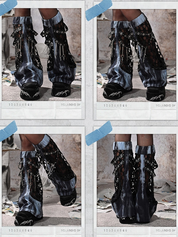 Grunge Punk Tie-Dye Leg Warmers with PU Straps & Chains - Virtual Orbit