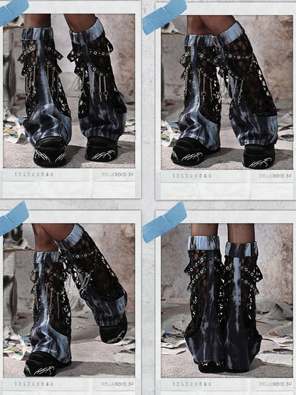 Grunge Punk Tie-Dye Leg Warmers with PU Straps & Chains - Virtual Orbit