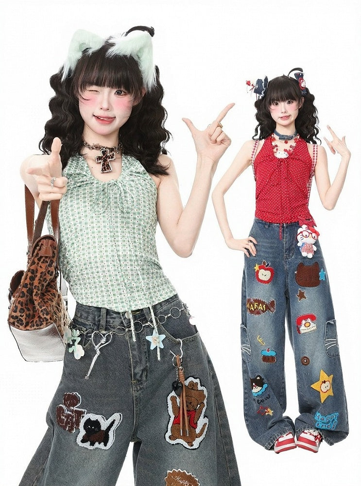 Green Gingham & Polka Dot Halter Top for Spicy Girl Style - Languid Park