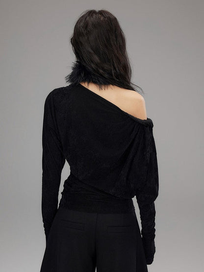 Black Velvet Asymmetrical Cutout Shoulder T-Shirt - Low pixel